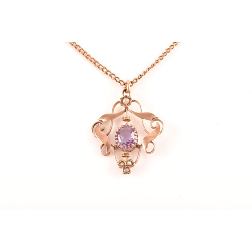 47 - An Edwardian 9ct rose gold, amethyst and split seed pearl Art Nouveau pendant, the scrolled openwork... 