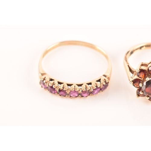 49 - An 18ct yellow gold and purple spinel five stone ring, set with mixed cushion and round-cut spinels,... 