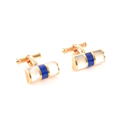 61 - A pair of 9ct yellow gold, lapis lazuli, and mother-of-pearl cufflinks, the smooth batons inlaid wit... 