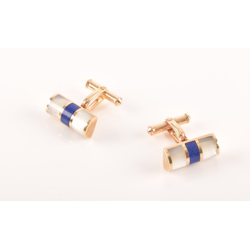 61 - A pair of 9ct yellow gold, lapis lazuli, and mother-of-pearl cufflinks, the smooth batons inlaid wit... 