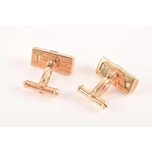 61 - A pair of 9ct yellow gold, lapis lazuli, and mother-of-pearl cufflinks, the smooth batons inlaid wit... 