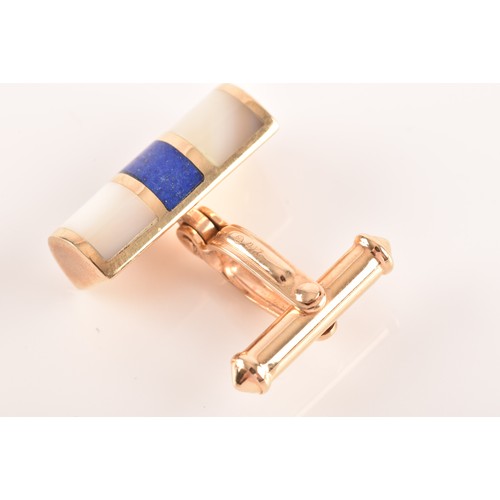 61 - A pair of 9ct yellow gold, lapis lazuli, and mother-of-pearl cufflinks, the smooth batons inlaid wit... 