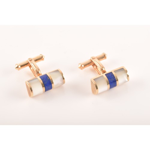 61 - A pair of 9ct yellow gold, lapis lazuli, and mother-of-pearl cufflinks, the smooth batons inlaid wit... 