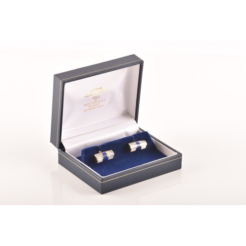 61 - A pair of 9ct yellow gold, lapis lazuli, and mother-of-pearl cufflinks, the smooth batons inlaid wit... 