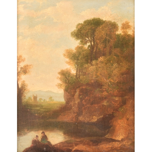 232 - 19th century English Schoola landscape scene with figures seated before a rocky ravine. Oil on panel... 