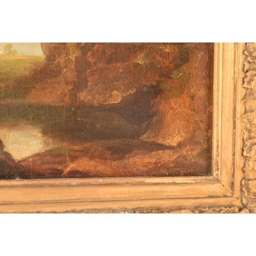 232 - 19th century English Schoola landscape scene with figures seated before a rocky ravine. Oil on panel... 