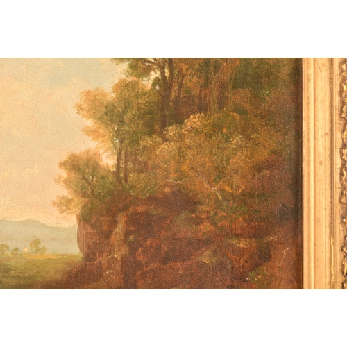 232 - 19th century English Schoola landscape scene with figures seated before a rocky ravine. Oil on panel... 