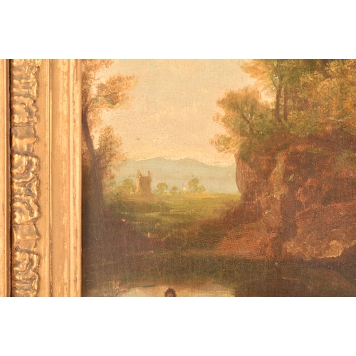 232 - 19th century English Schoola landscape scene with figures seated before a rocky ravine. Oil on panel... 