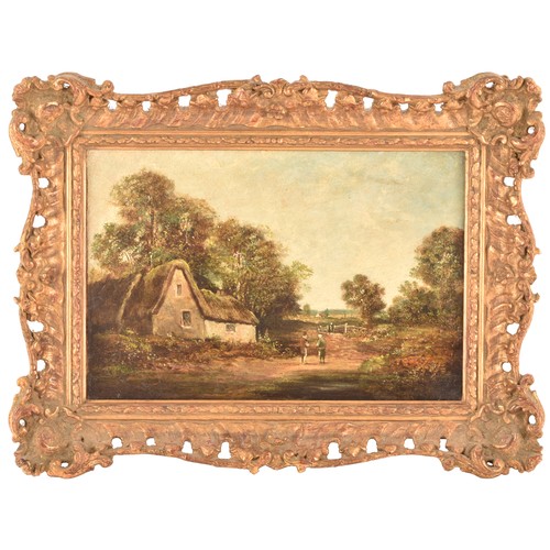 235 - 19th Century English Schoola peaceful scene of a village beside a river, a figure on a bridge in the... 