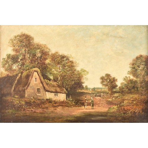 235 - 19th Century English Schoola peaceful scene of a village beside a river, a figure on a bridge in the... 