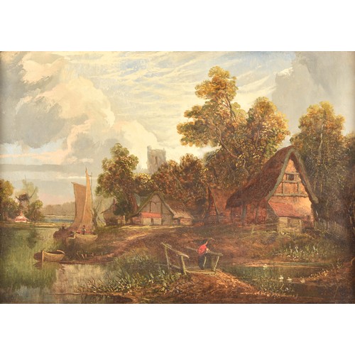 235 - 19th Century English Schoola peaceful scene of a village beside a river, a figure on a bridge in the... 