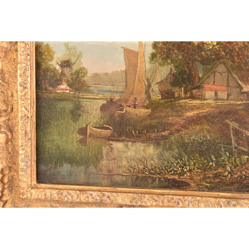 235 - 19th Century English Schoola peaceful scene of a village beside a river, a figure on a bridge in the... 