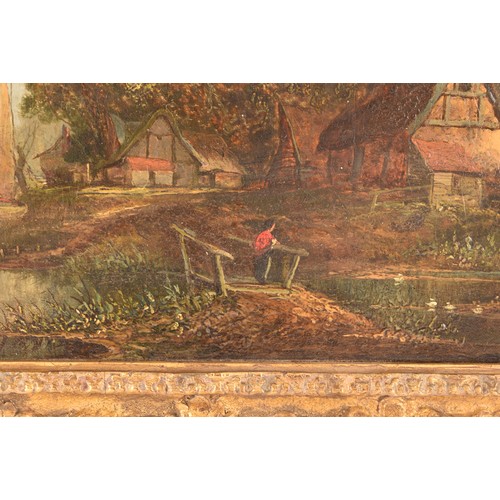 235 - 19th Century English Schoola peaceful scene of a village beside a river, a figure on a bridge in the... 