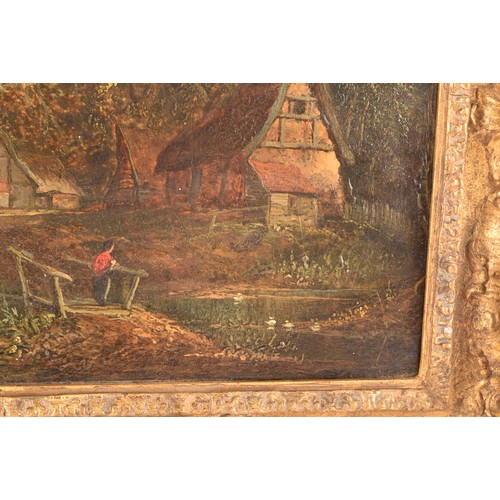 235 - 19th Century English Schoola peaceful scene of a village beside a river, a figure on a bridge in the... 