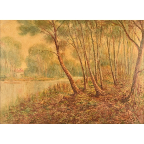 286 - W Harris (19th / early 20th century)Wood & Stream, a woodlands scene by a river, a building in t... 