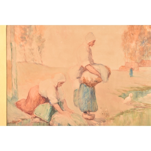 287 - 19th Century Dutch SchoolA scene of women washing clothes by a river bank, geese nearby and building... 