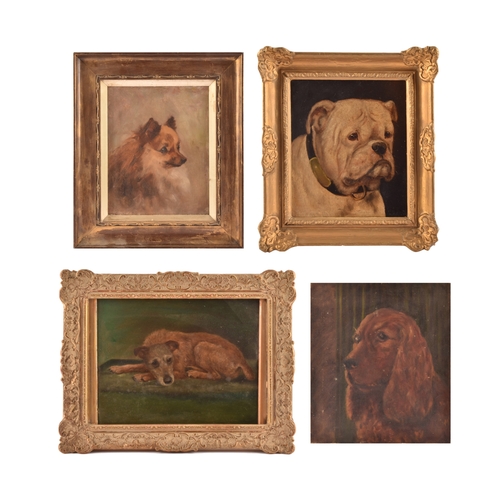 242 - A group of three dog paintingsincluding a painting of a Bulldog, oil on panel, 21.5 x 18 cm; a paint... 