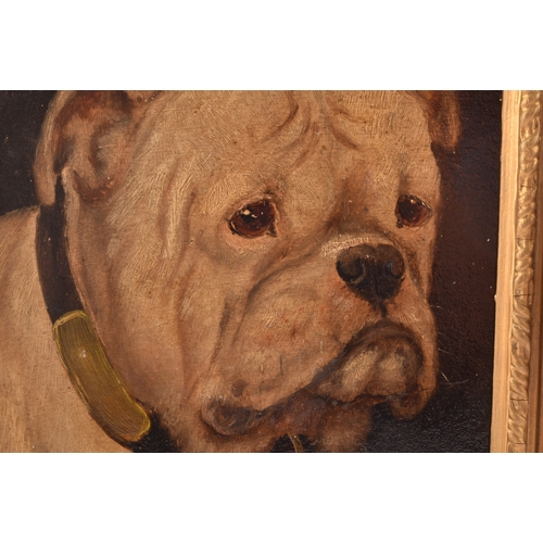 242 - A group of three dog paintingsincluding a painting of a Bulldog, oil on panel, 21.5 x 18 cm; a paint... 