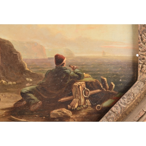 245 - A scene of smugglers on a rocky shoreline looking out to sea, barrels and a pistol on the ground, a ... 