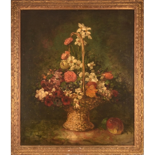 237 - 19th Century English Schoola still life of a basket of flowers and an apple, oil on canvas, appears ... 