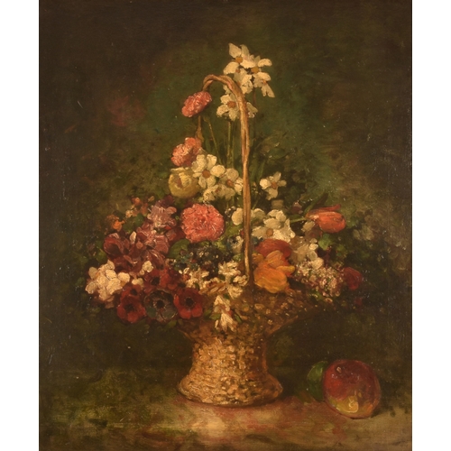 237 - 19th Century English Schoola still life of a basket of flowers and an apple, oil on canvas, appears ... 