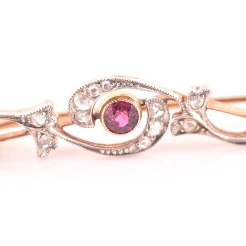 80 - A late 19th / early 20th century diamond and ruby bar brooch, the scrolled mount inset with old rose... 