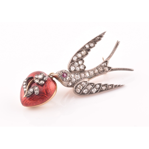 2 - A late Victorian diamond swallow brooch, the bird inset with old-cut diamonds, with a small ruby eye... 