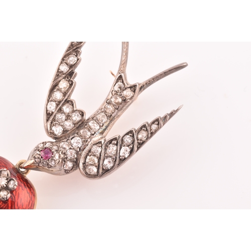 2 - A late Victorian diamond swallow brooch, the bird inset with old-cut diamonds, with a small ruby eye... 