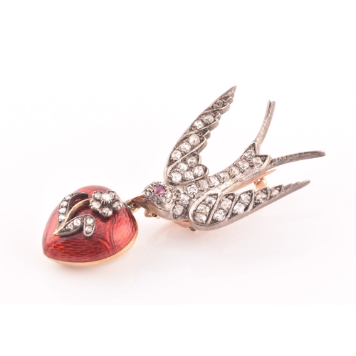 2 - A late Victorian diamond swallow brooch, the bird inset with old-cut diamonds, with a small ruby eye... 