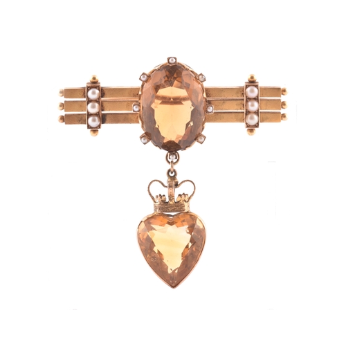 87 - A late 19th / early 20th century yellow metal, citrine, and pearl bar brooch, the triple bar mount i... 