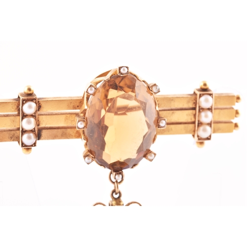 87 - A late 19th / early 20th century yellow metal, citrine, and pearl bar brooch, the triple bar mount i... 