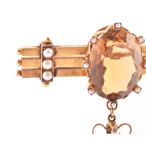 87 - A late 19th / early 20th century yellow metal, citrine, and pearl bar brooch, the triple bar mount i... 