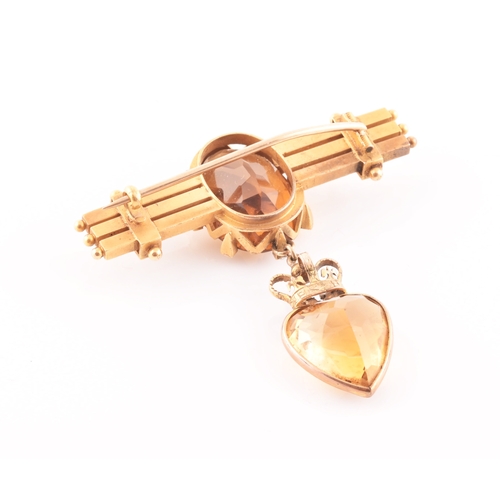 87 - A late 19th / early 20th century yellow metal, citrine, and pearl bar brooch, the triple bar mount i... 