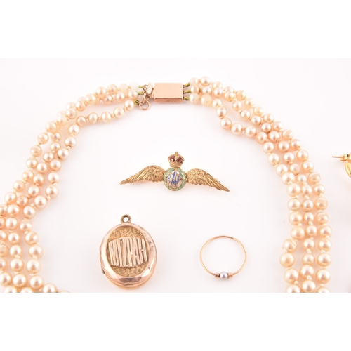 95 - A faux pearl necklace with 9ct yellow gold clasp, together with a pair of yellow metal and pearl cli... 