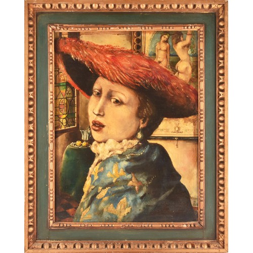 249 - Manner of Jonannes Vermeera portrait of a woman in a red hat seated in an interior, a painting of Ad... 