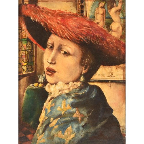 249 - Manner of Jonannes Vermeera portrait of a woman in a red hat seated in an interior, a painting of Ad... 