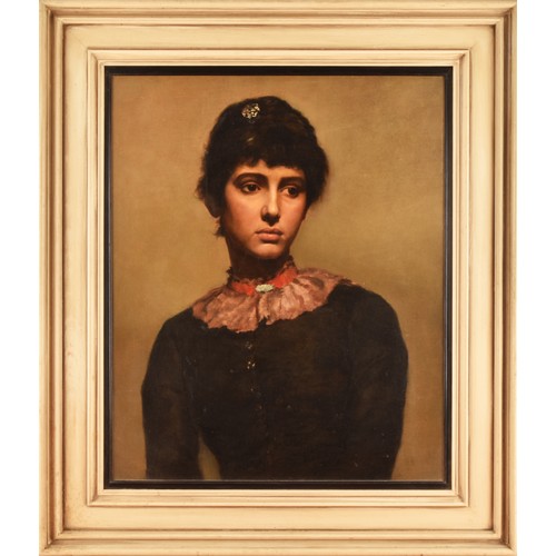 250 - Manner of James McNeill Whistlera portrait of a young woman, wearing a black dress with a red choker... 