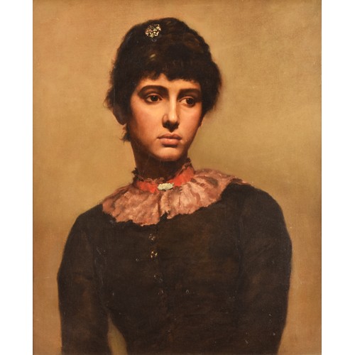 250 - Manner of James McNeill Whistlera portrait of a young woman, wearing a black dress with a red choker... 