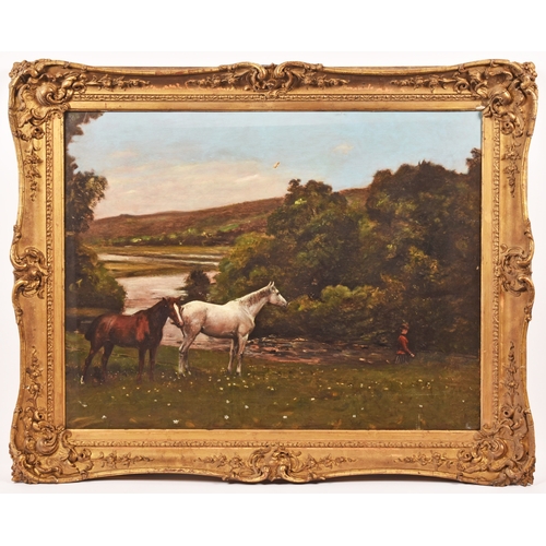 251 - 19th Century English Schoola landscape scene with two horses and a woman crossing a river, the river... 