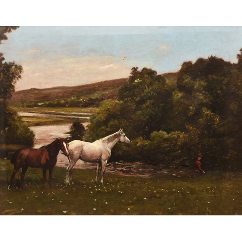 251 - 19th Century English Schoola landscape scene with two horses and a woman crossing a river, the river... 