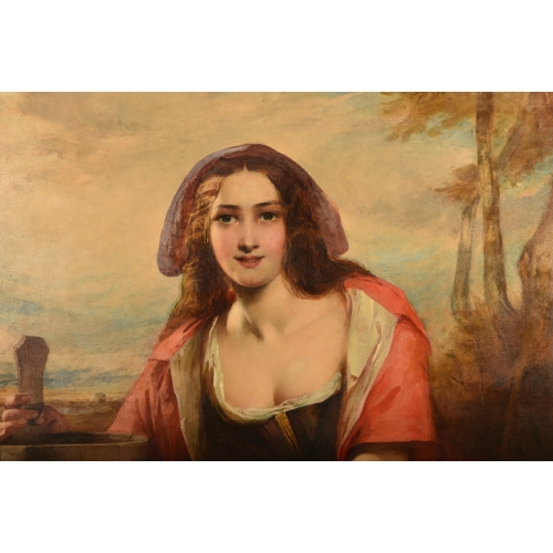 252 - 19th Century English Schoola large portrait of a young country woman, the sitter wearing a red shawl... 