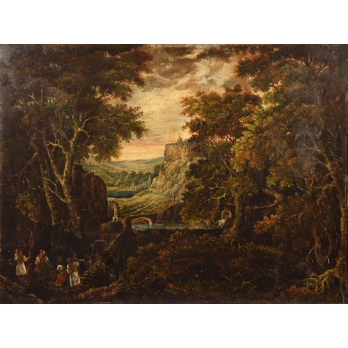 253 - 18th / 19th century Continental Schoolan extensive wooded and mountainous landscape scene with figur... 