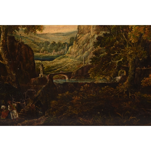 253 - 18th / 19th century Continental Schoolan extensive wooded and mountainous landscape scene with figur... 