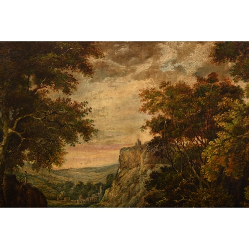 253 - 18th / 19th century Continental Schoolan extensive wooded and mountainous landscape scene with figur... 