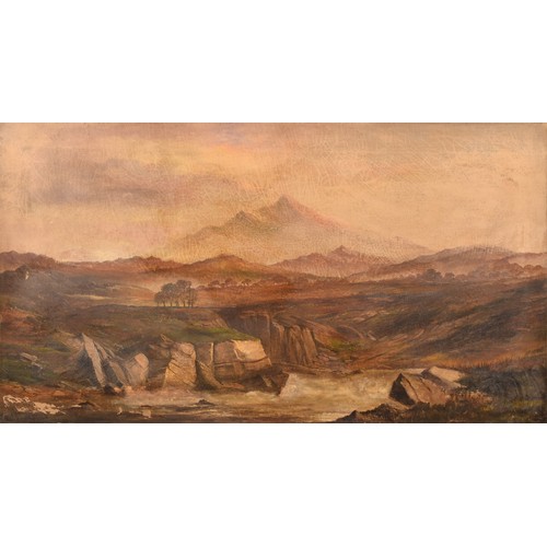 254 - 19th century English Schoola large extensive landscape scene with a fast flowing river in the foregr... 