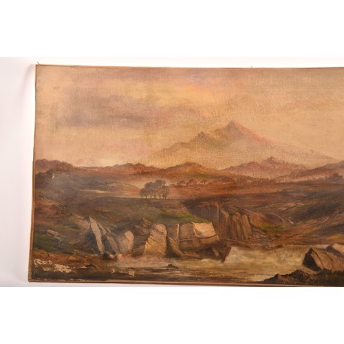 254 - 19th century English Schoola large extensive landscape scene with a fast flowing river in the foregr... 