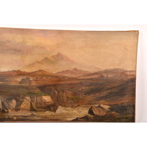 254 - 19th century English Schoola large extensive landscape scene with a fast flowing river in the foregr... 