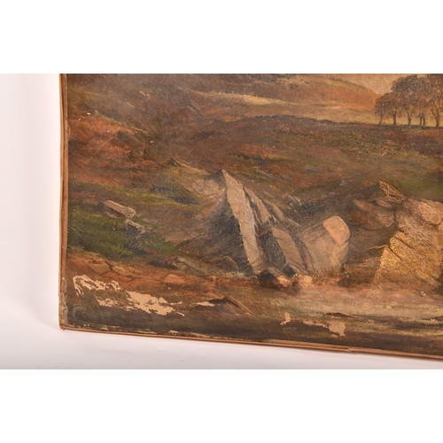 254 - 19th century English Schoola large extensive landscape scene with a fast flowing river in the foregr... 