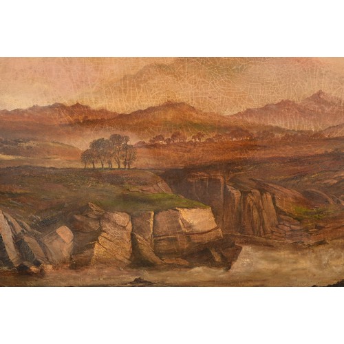 254 - 19th century English Schoola large extensive landscape scene with a fast flowing river in the foregr... 