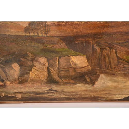 254 - 19th century English Schoola large extensive landscape scene with a fast flowing river in the foregr... 